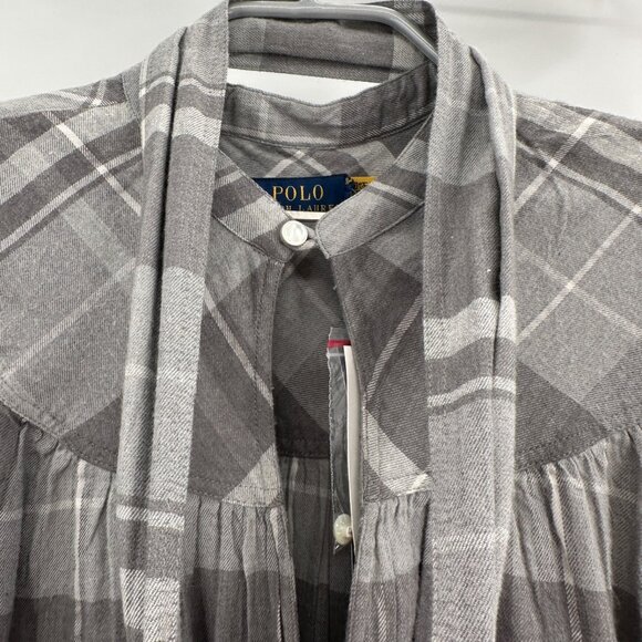 POLO Ralph Lauren Gray Flannel Plaid Tie-Neck Blouse Size S Small Top NWT - Picture 8 of 11